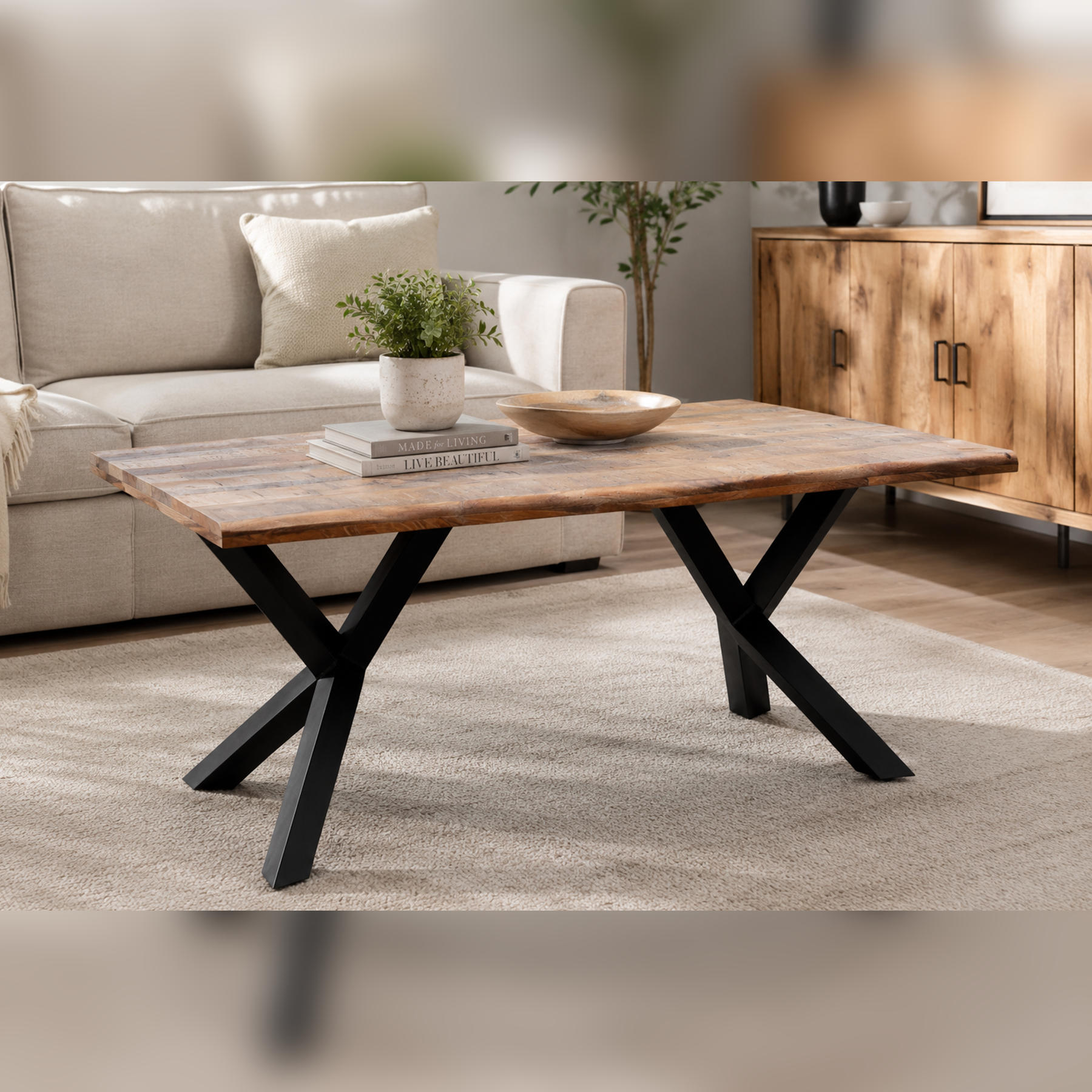 Industrial Rough Mango Wood Live-Edge Coffee Table with Cross Legs