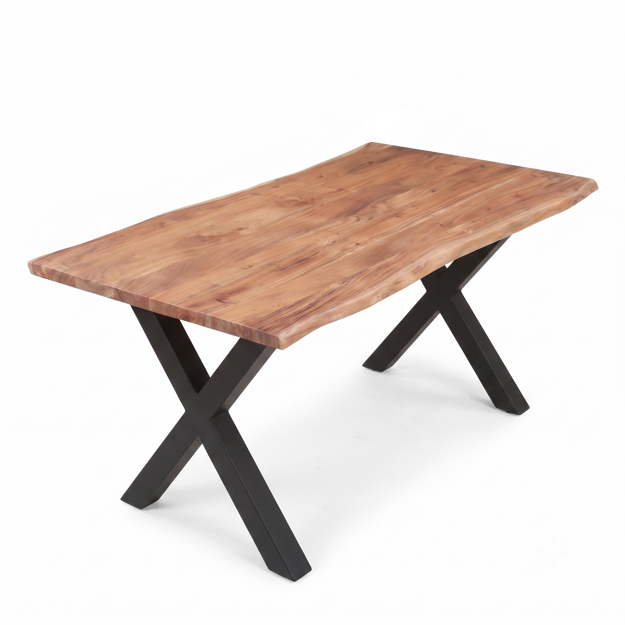Live Edge Acacia Wood Dining Table with Black Metal X-Leg Base view 2