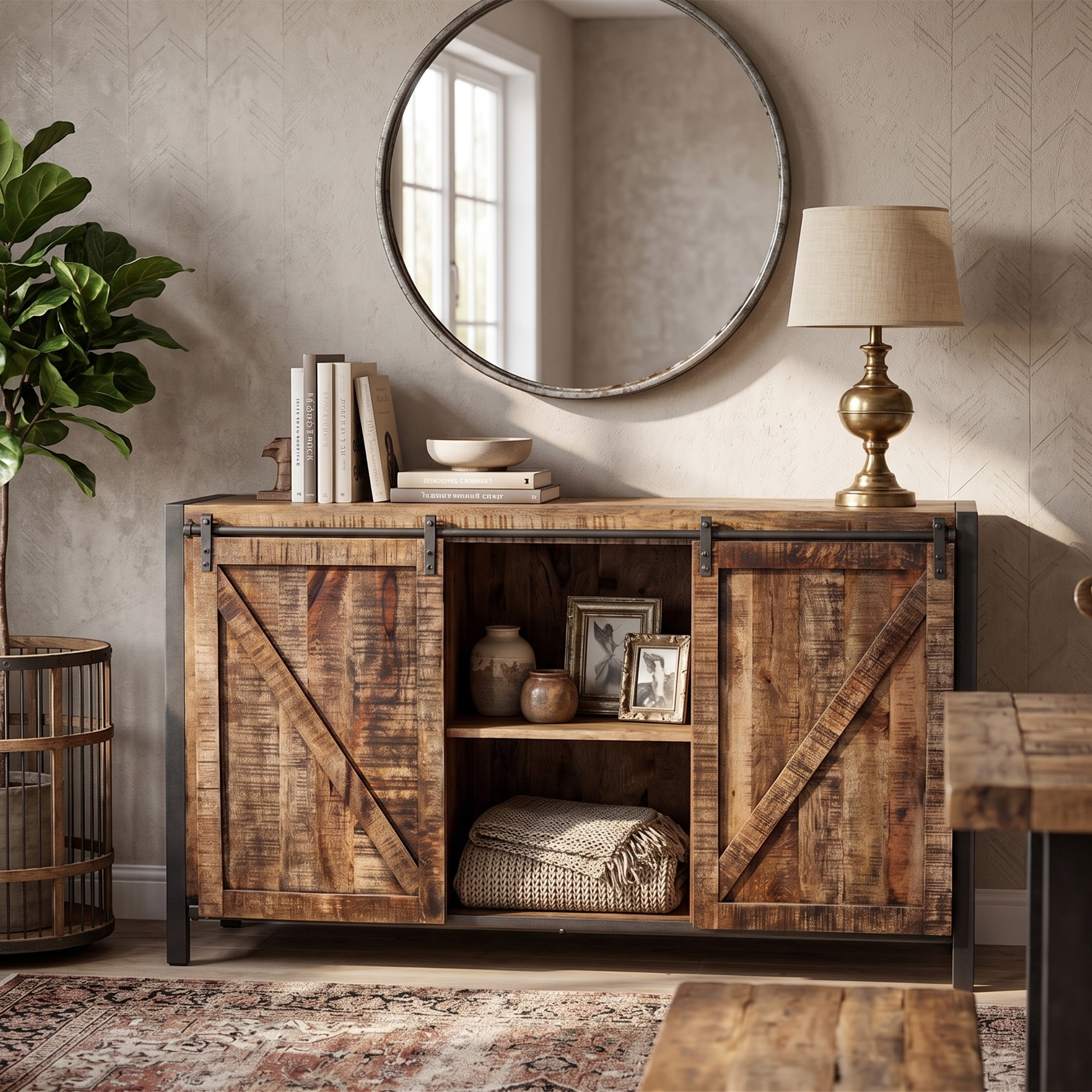 Industrial Rough Mango Wood Sliding Barn Door Sideboard in Aged Gray & Metal Frame