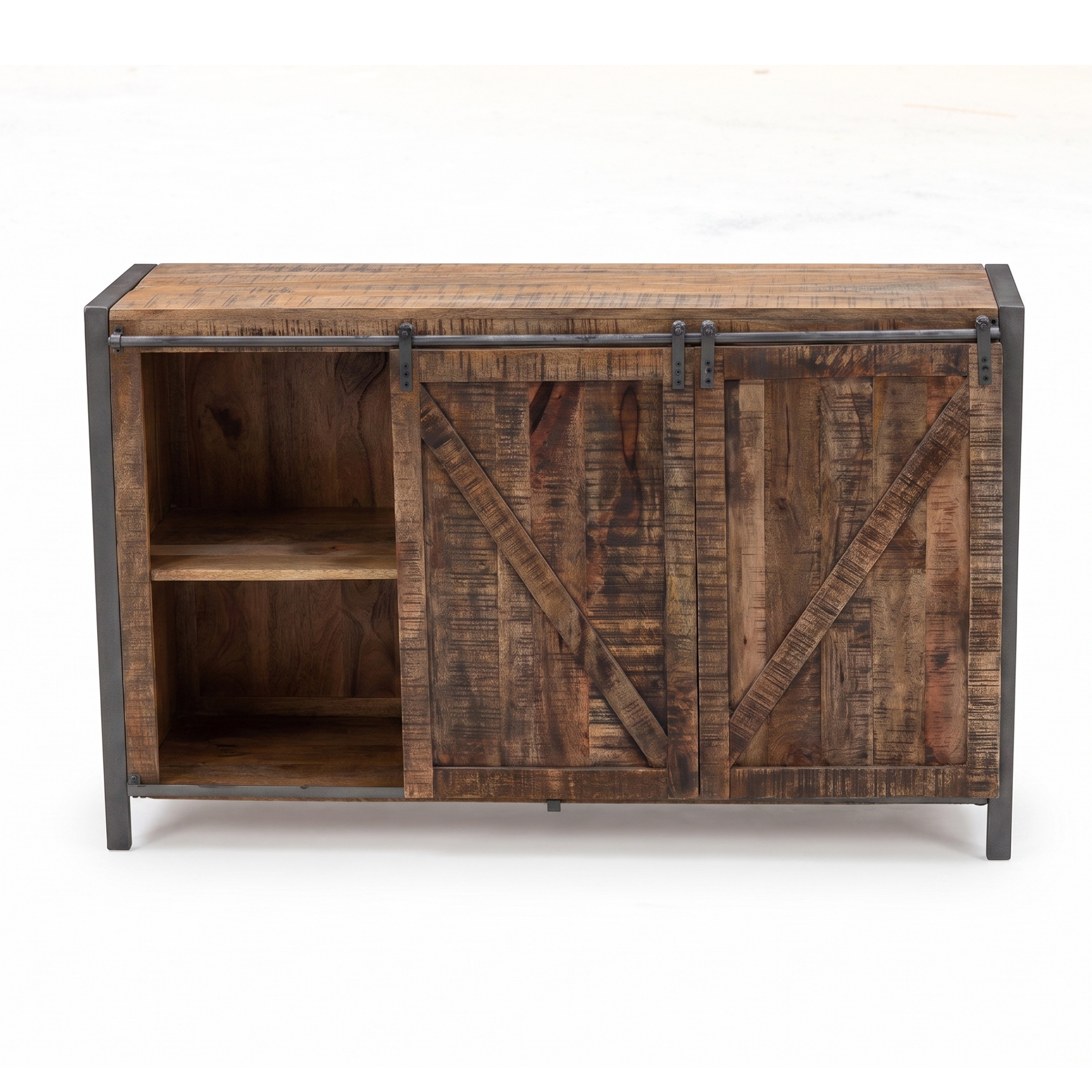 Industrial Rough Mango Wood Sliding Barn Door Sideboard in Aged Gray & Metal Frame view 3