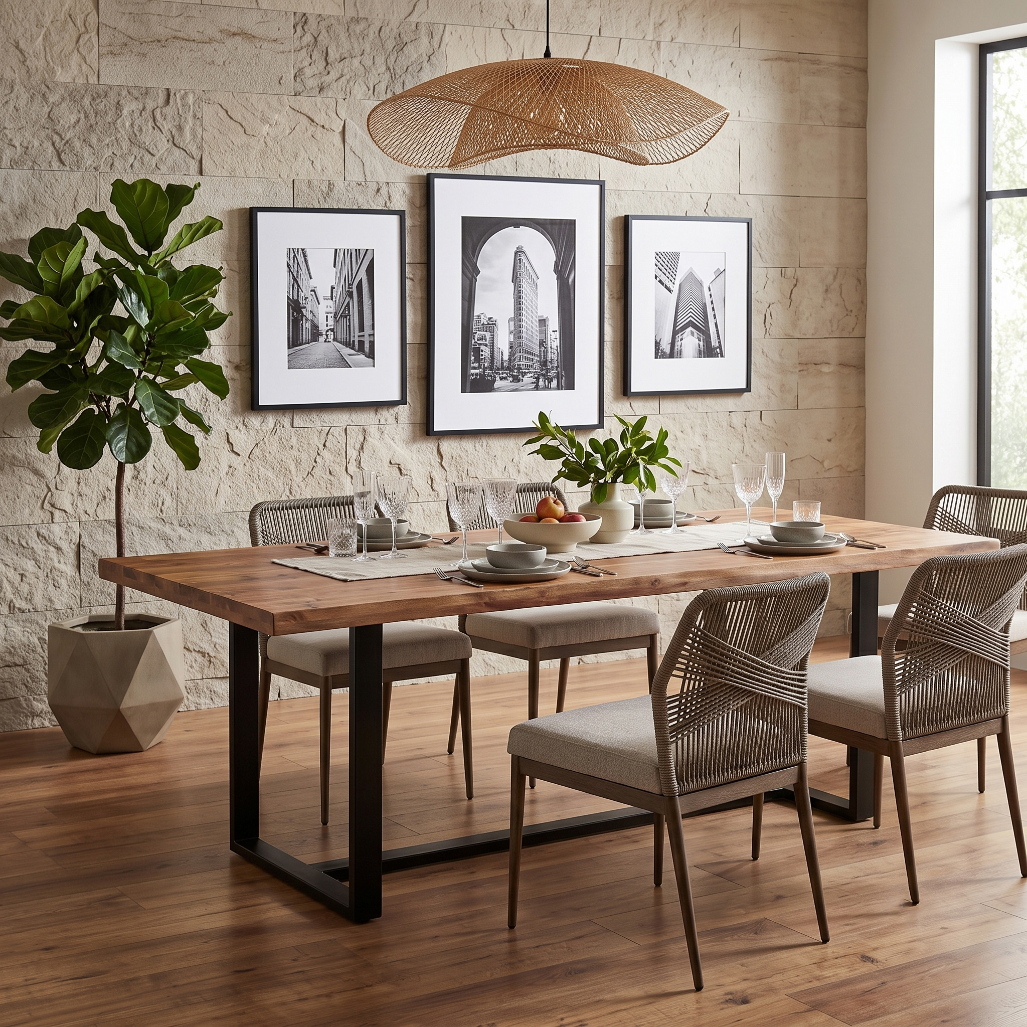 Industrial Solid Mango Wood Dining Table with Matte Black Steel U-Leg Frame