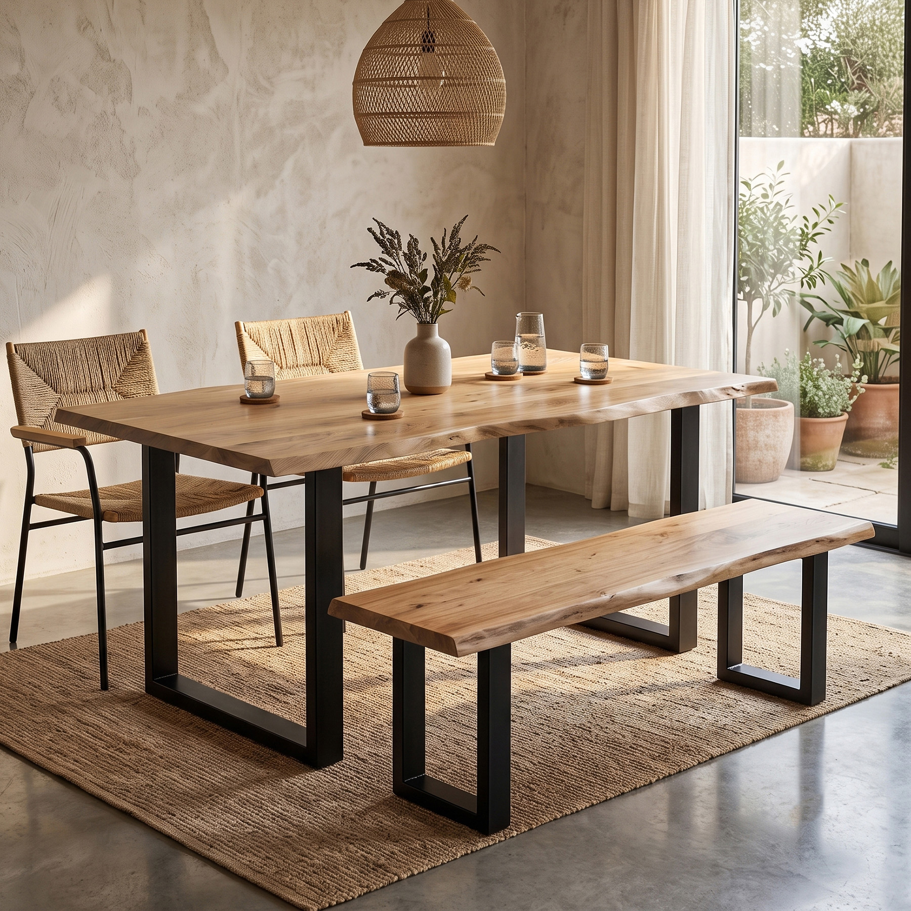 Bleached Natural Live Edge Acacia Wood Dining Table with Black Metal U-Legs 140 cm