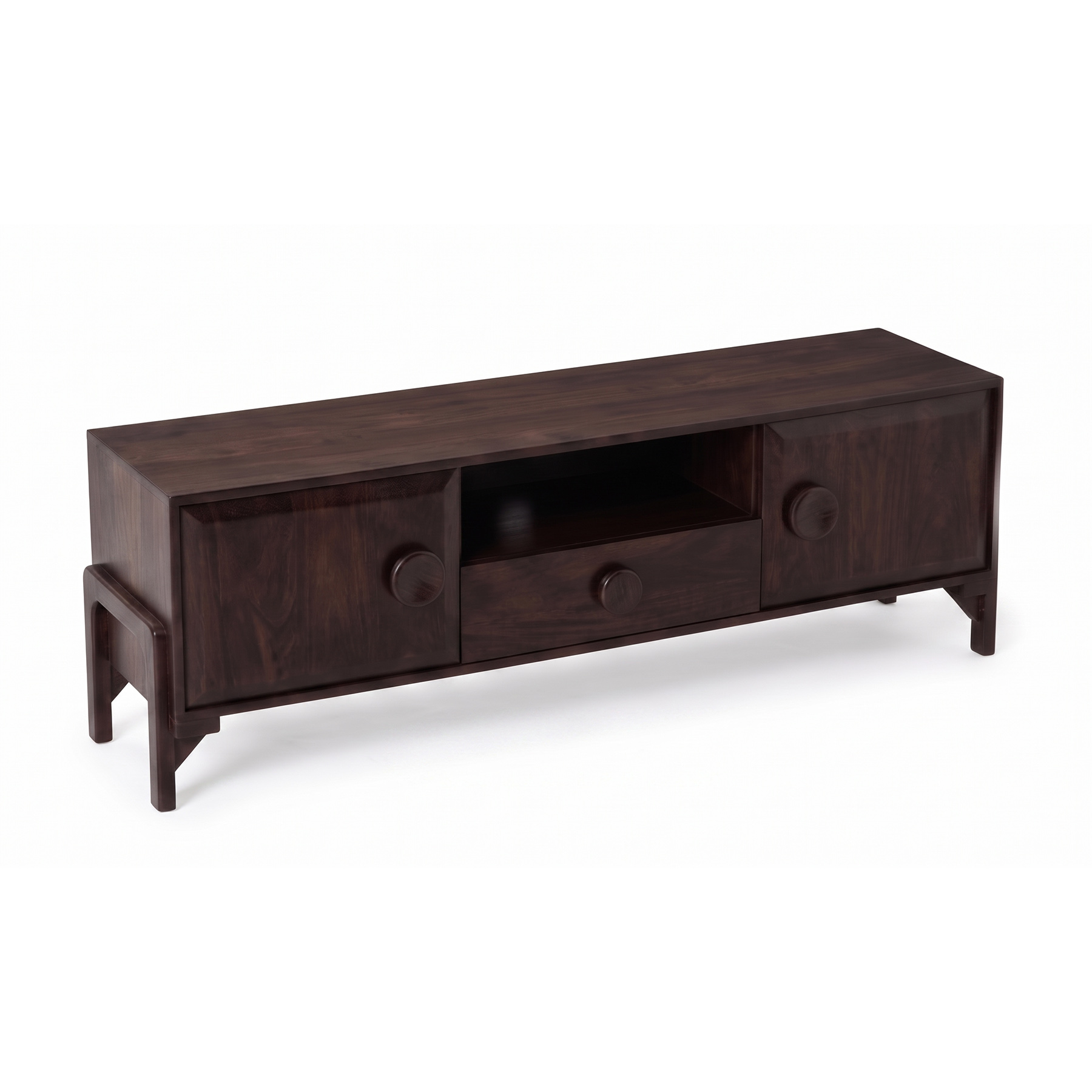 Mid-Century Solid Acacia Wood TV Console with Circular Statement Knobs in Walnut Brown view 2