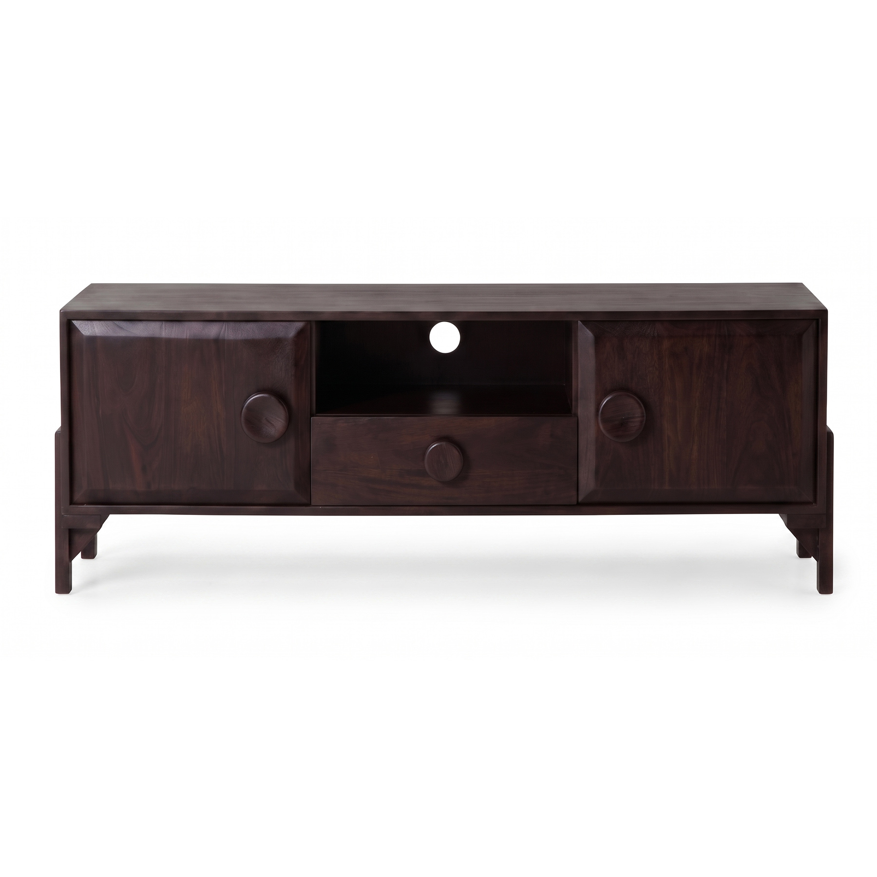 Mid-Century Solid Acacia Wood TV Console with Circular Statement Knobs in Walnut Brown view 3
