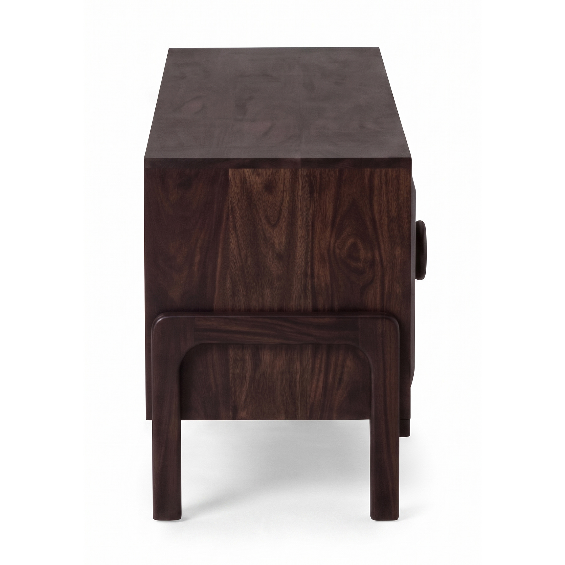 Mid-Century Solid Acacia Wood TV Console with Circular Statement Knobs in Walnut Brown view 4