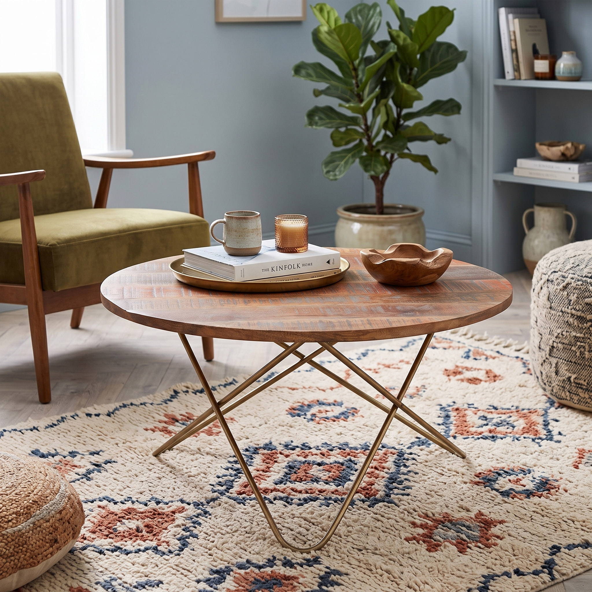 Walnut Brown Solid Mango Wood Round Coffee Table with Gold-Plated Hairpin Base