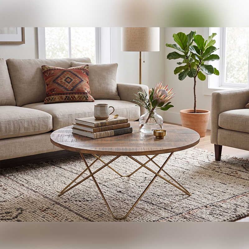 Walnut Brown Solid Mango Wood Round Coffee Table with Gold-Plated Hairpin Base view 5
