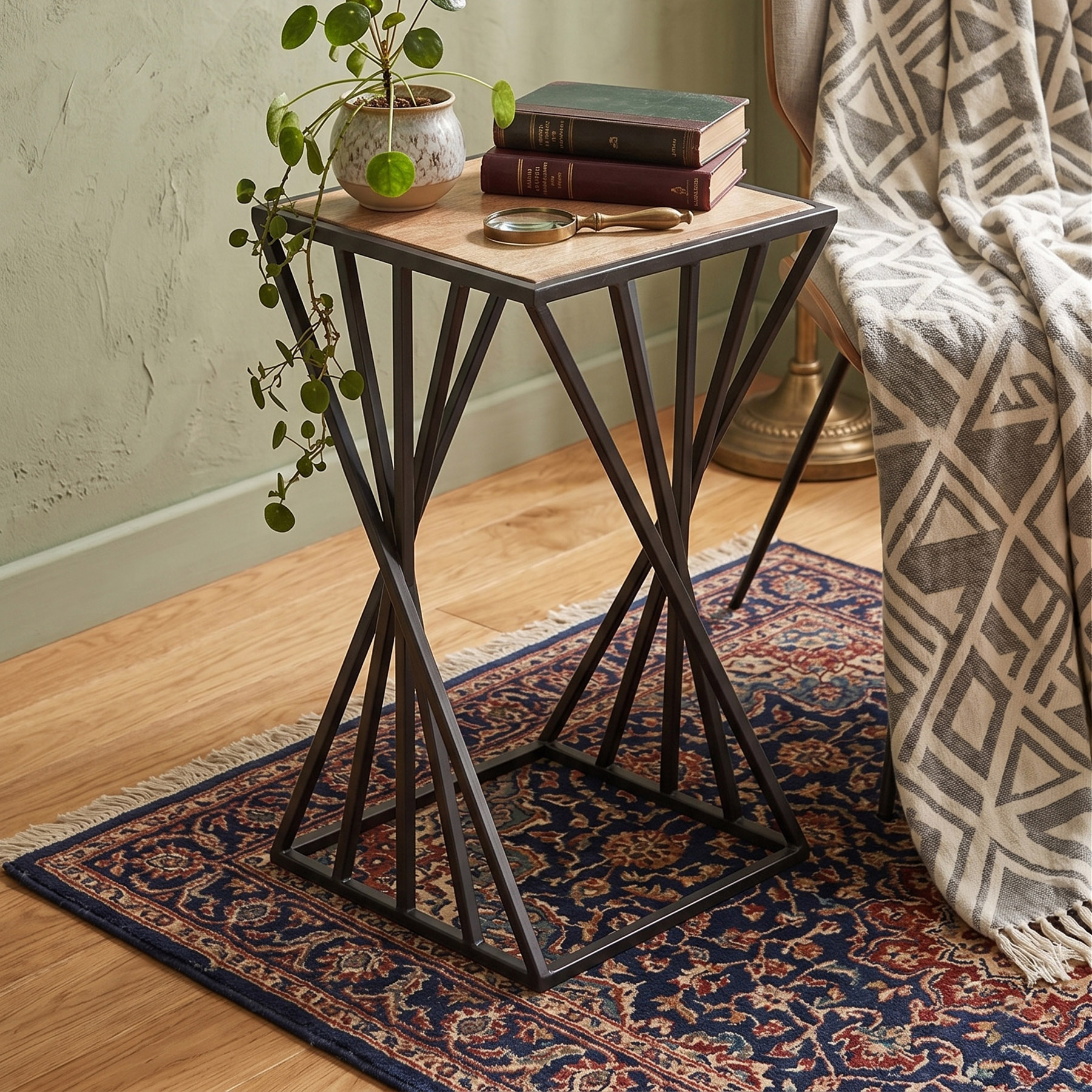 Geometric Metal Twist Side Table – Natural Solid Mango Wood End Table
