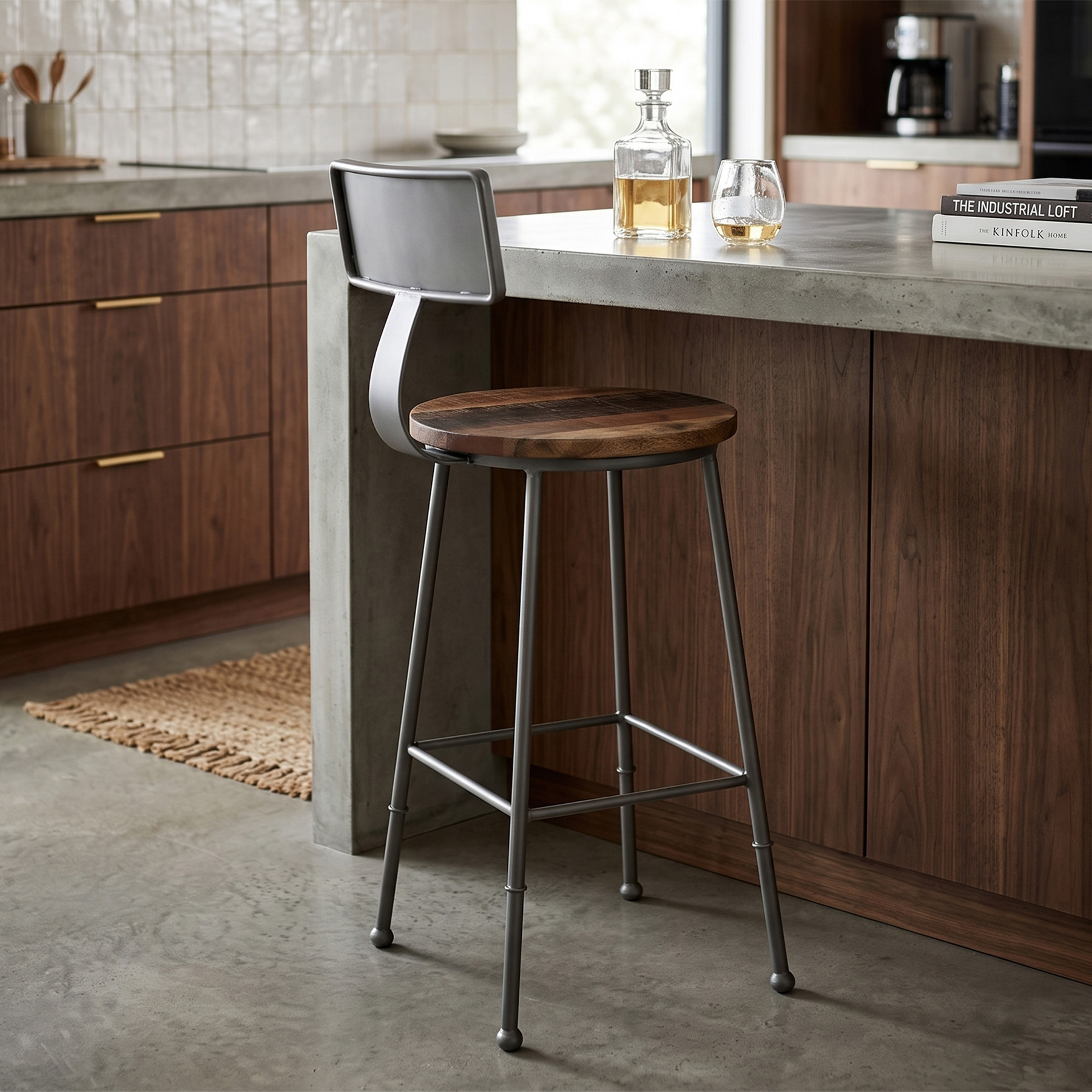 Industrial Solid Mango Rough Wood Gray Gunmetal Metal Frame Bar Chair (103 cm)