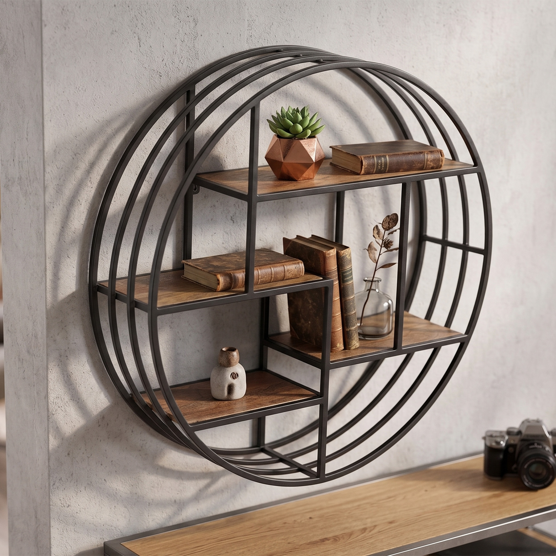 Urban Boho Circular Metal Frame Wall Unit with Solid Mango Wood Shelves