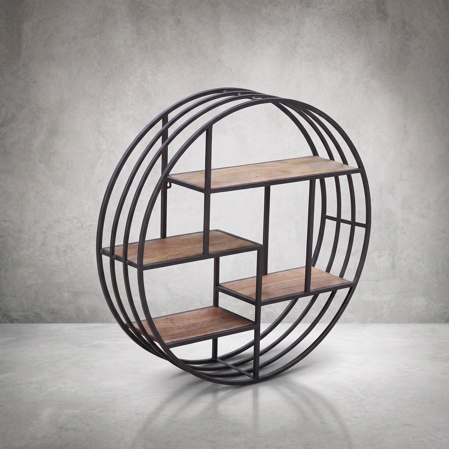 Urban Boho Circular Metal Frame Wall Unit with Solid Mango Wood Shelves view 2