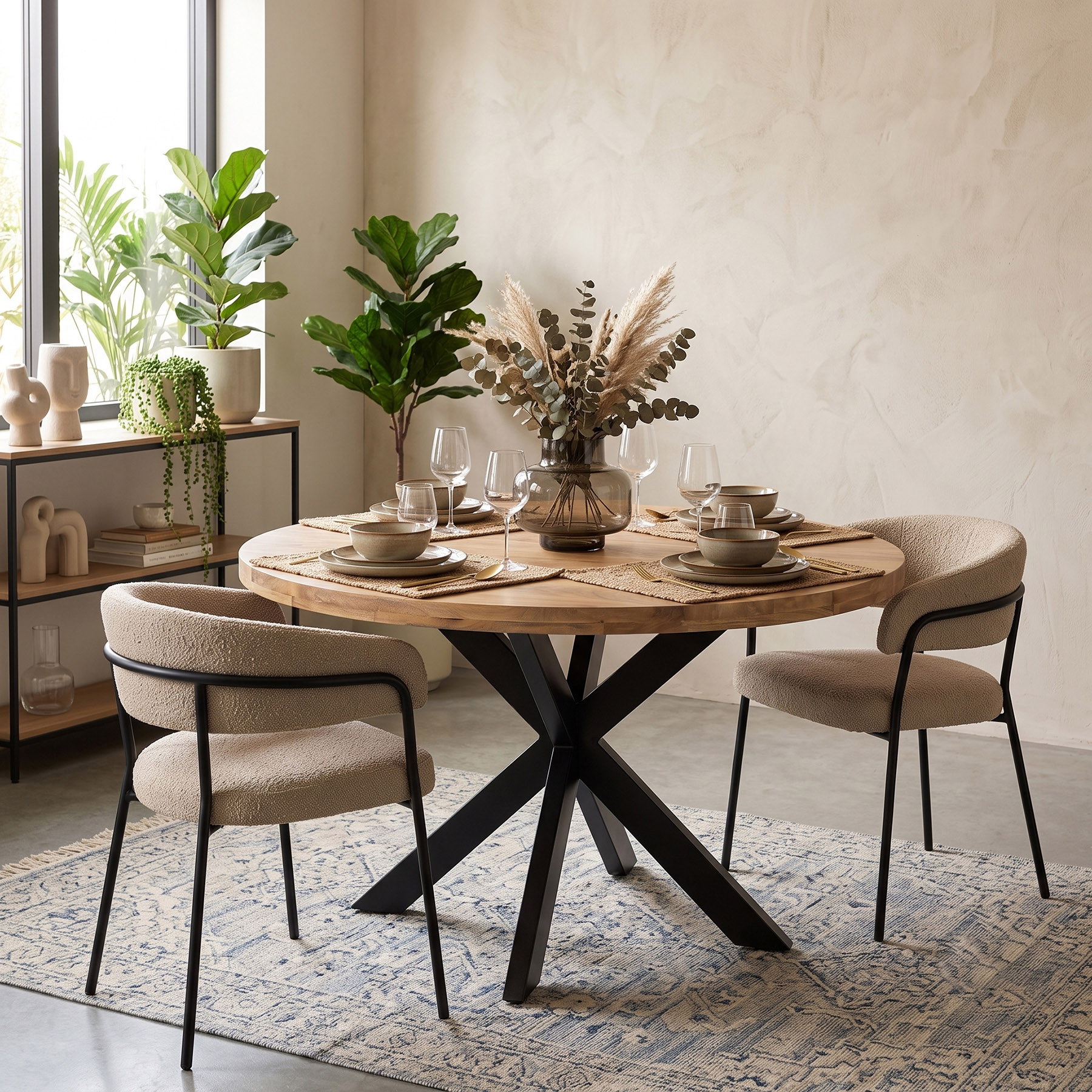120 cm Round Solid Mango Natural Wood Finish Dining Table with Black Spider Metal Legs
