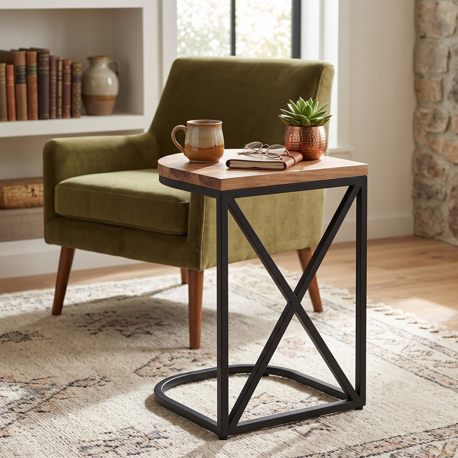 Modern Industrial Acacia Wood C Side Table with Metal Frame
