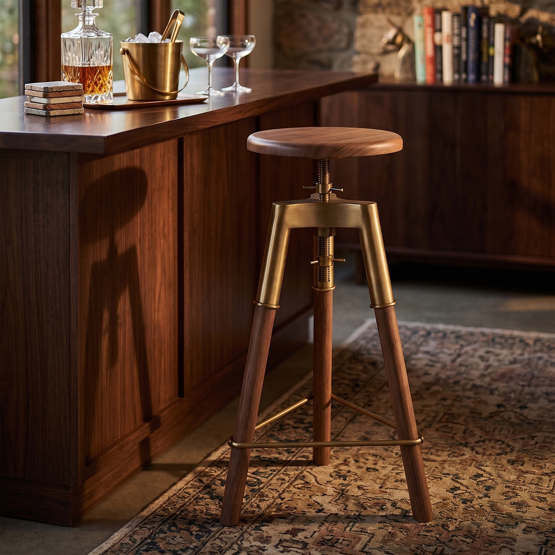 Handcrafted Natural Acacia Wood Swivel Bar Stool with Brass Gold Iron Accents (76 cm)