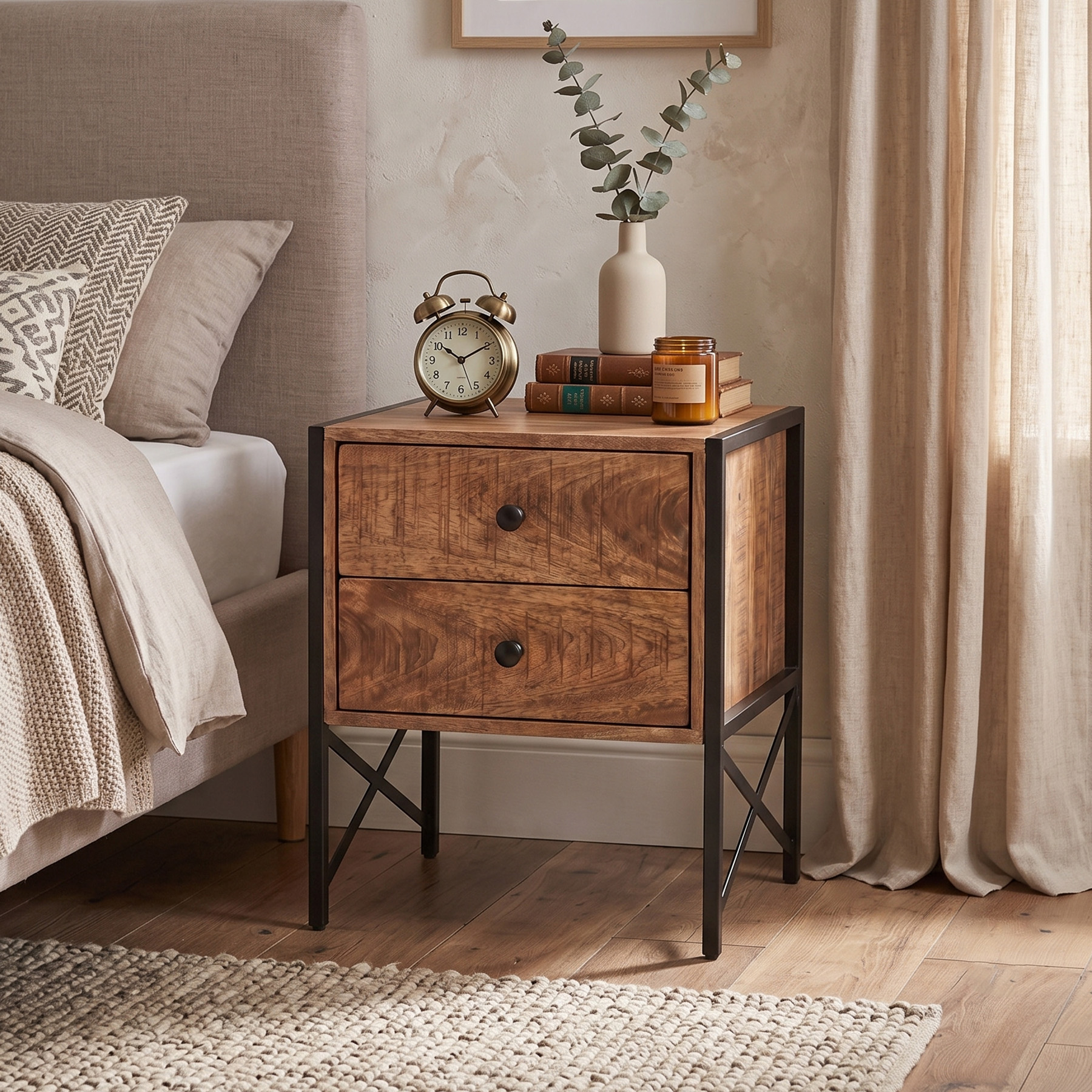 Rio Industrial Solid Mango Wood & Black Metal 2-Drawer Bedside Table (45L x 35W x 55H cm)