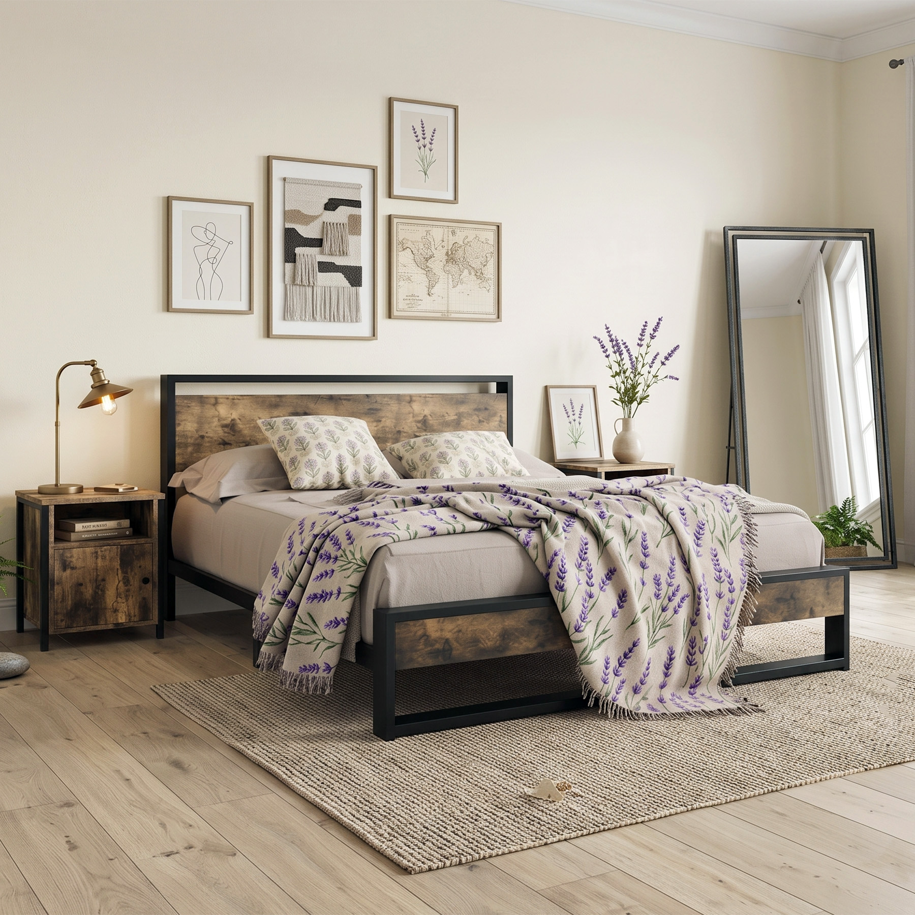 Industrial Rustic Solid Mango Wood & Matte Black Metal Platform Bed