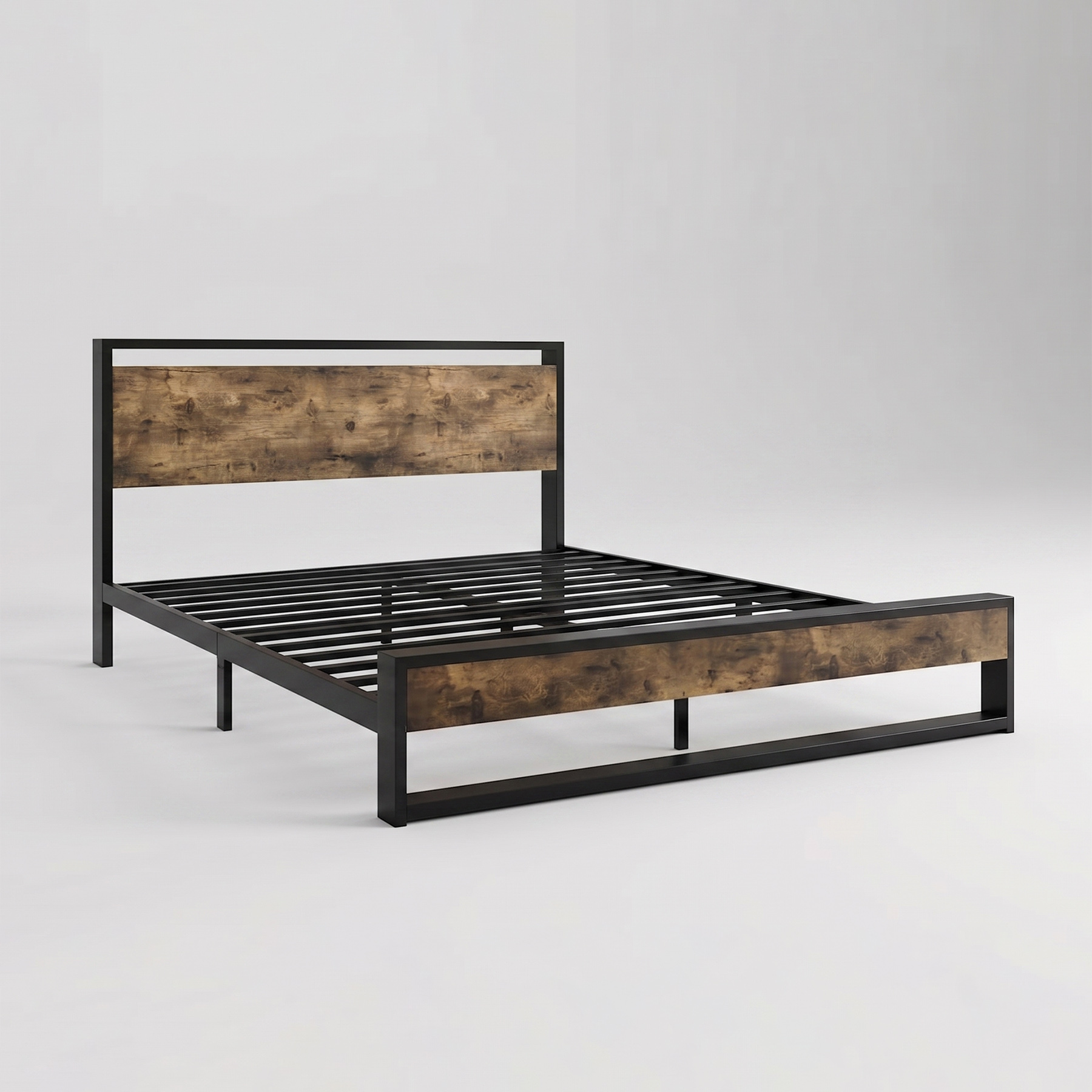 Industrial Rustic Solid Mango Wood & Matte Black Metal Platform Bed view 2