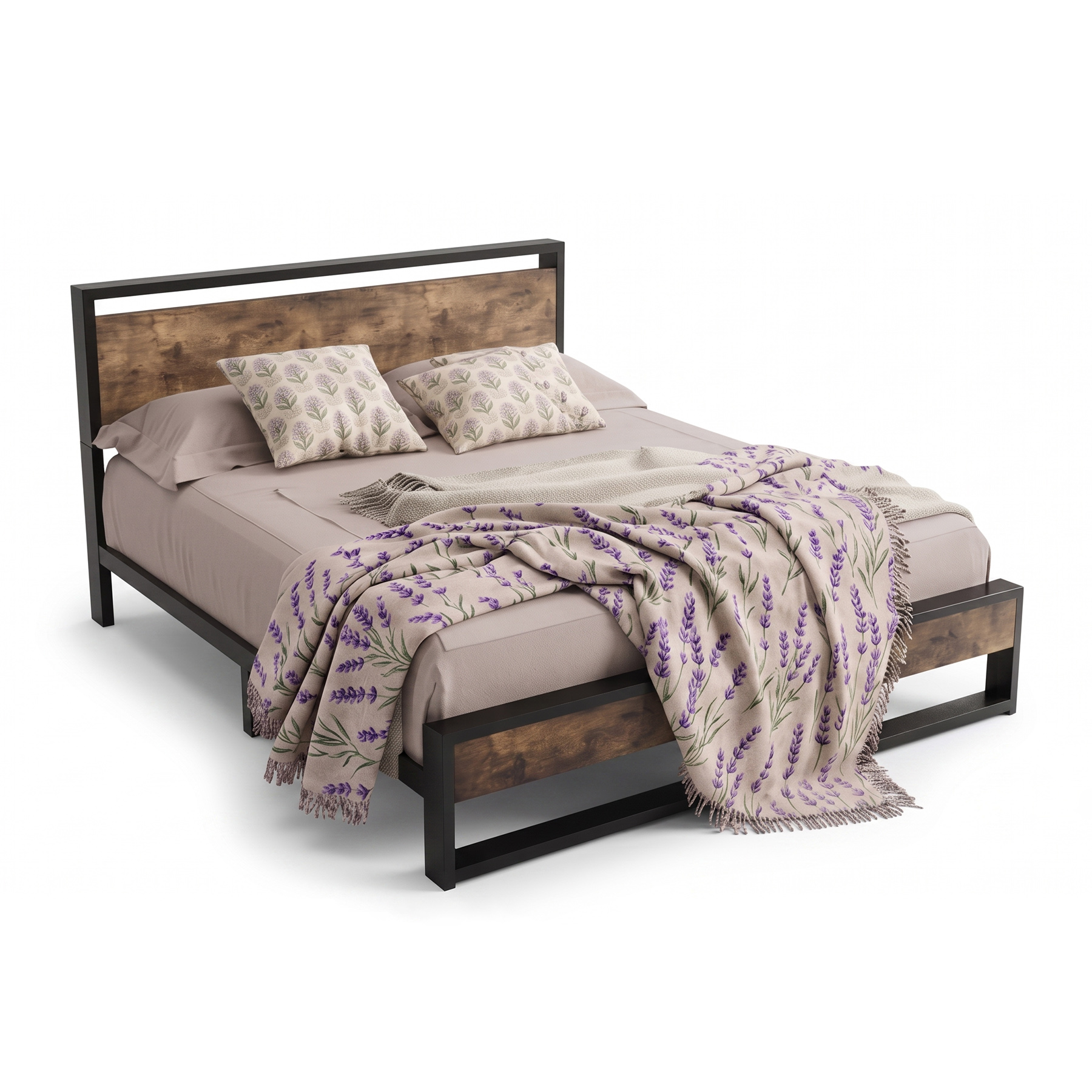 Industrial Rustic Solid Mango Wood & Matte Black Metal Platform Bed view 3