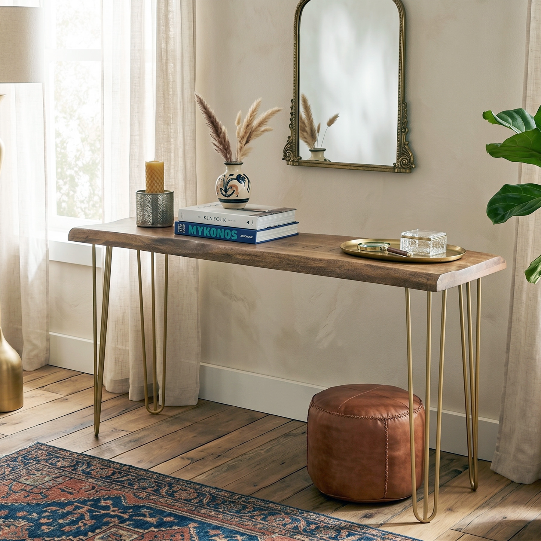 Rustic Live-Edge Solid Mango Wood Console Table with Gold Hairpin Legs