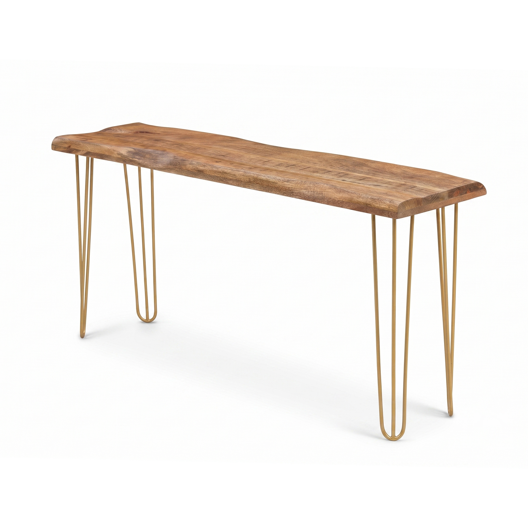 Rustic Live-Edge Solid Mango Wood Console Table with Gold Hairpin Legs view 2