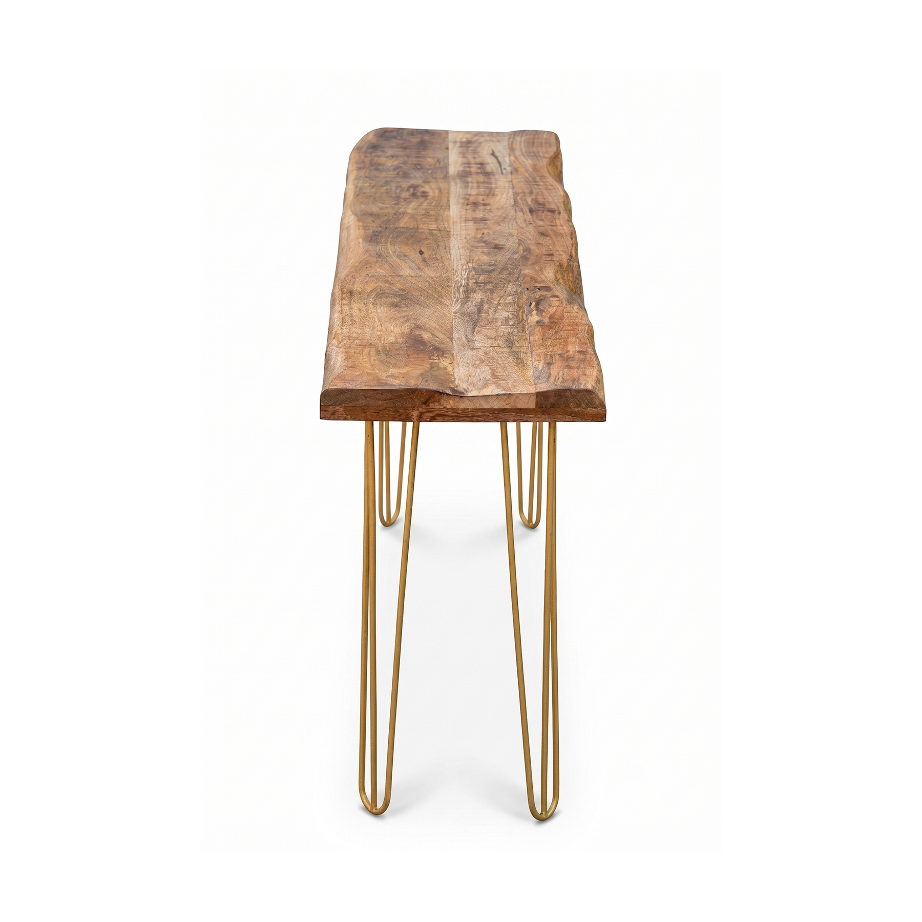 Rustic Live-Edge Solid Mango Wood Console Table with Gold Hairpin Legs view 4