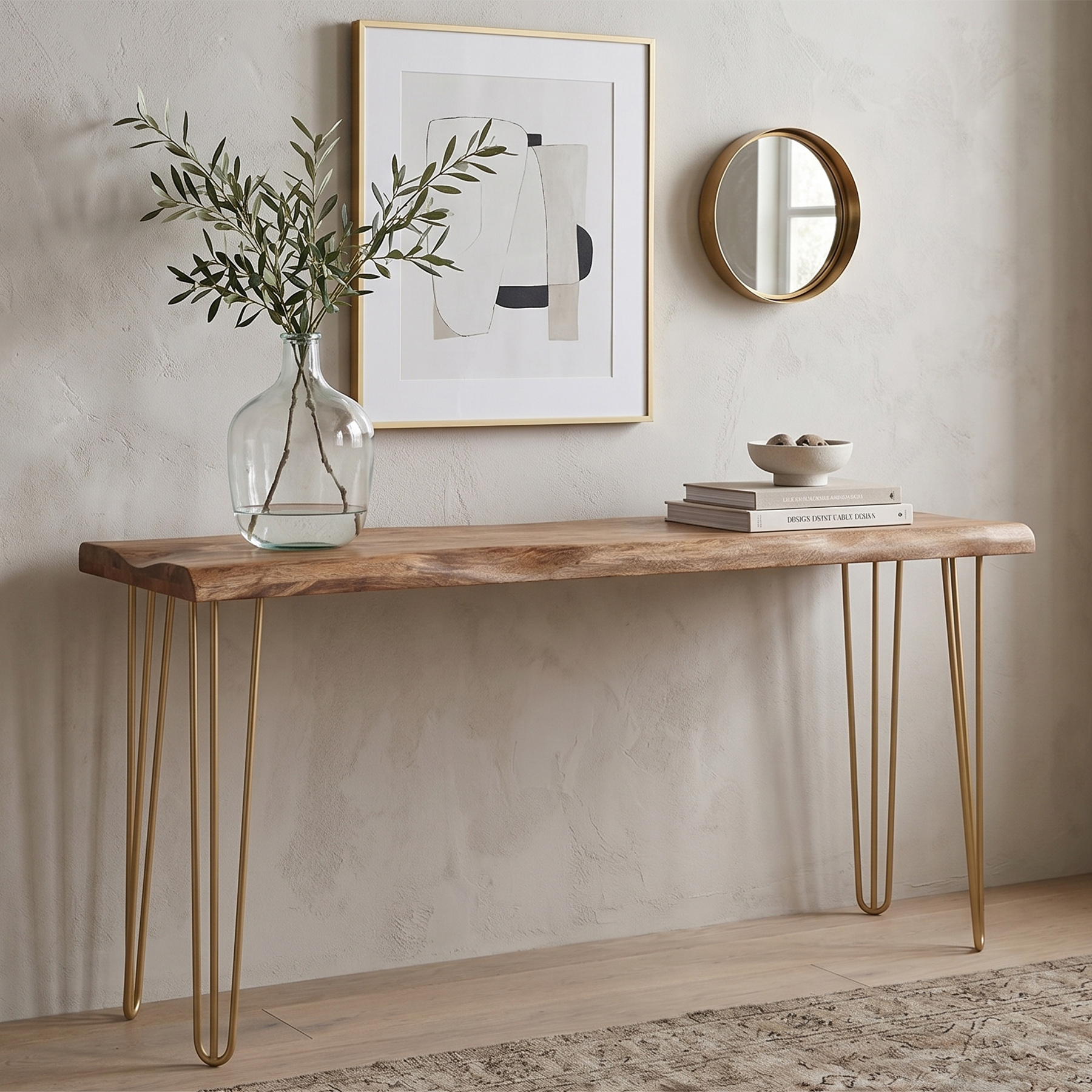 Rustic Live-Edge Solid Mango Wood Console Table with Gold Hairpin Legs view 5