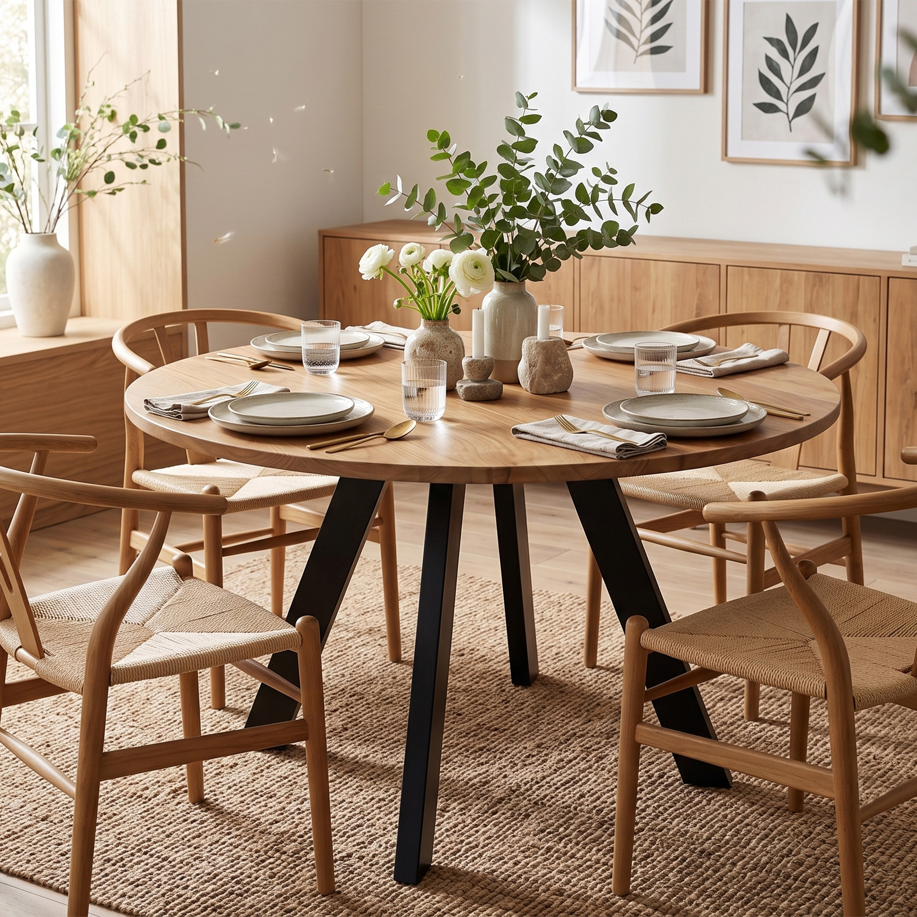 Scandinavian Bleached Solid Acacia Wood Round Dining Table with Matte Black Splayed Metal Legs (121 cm)
