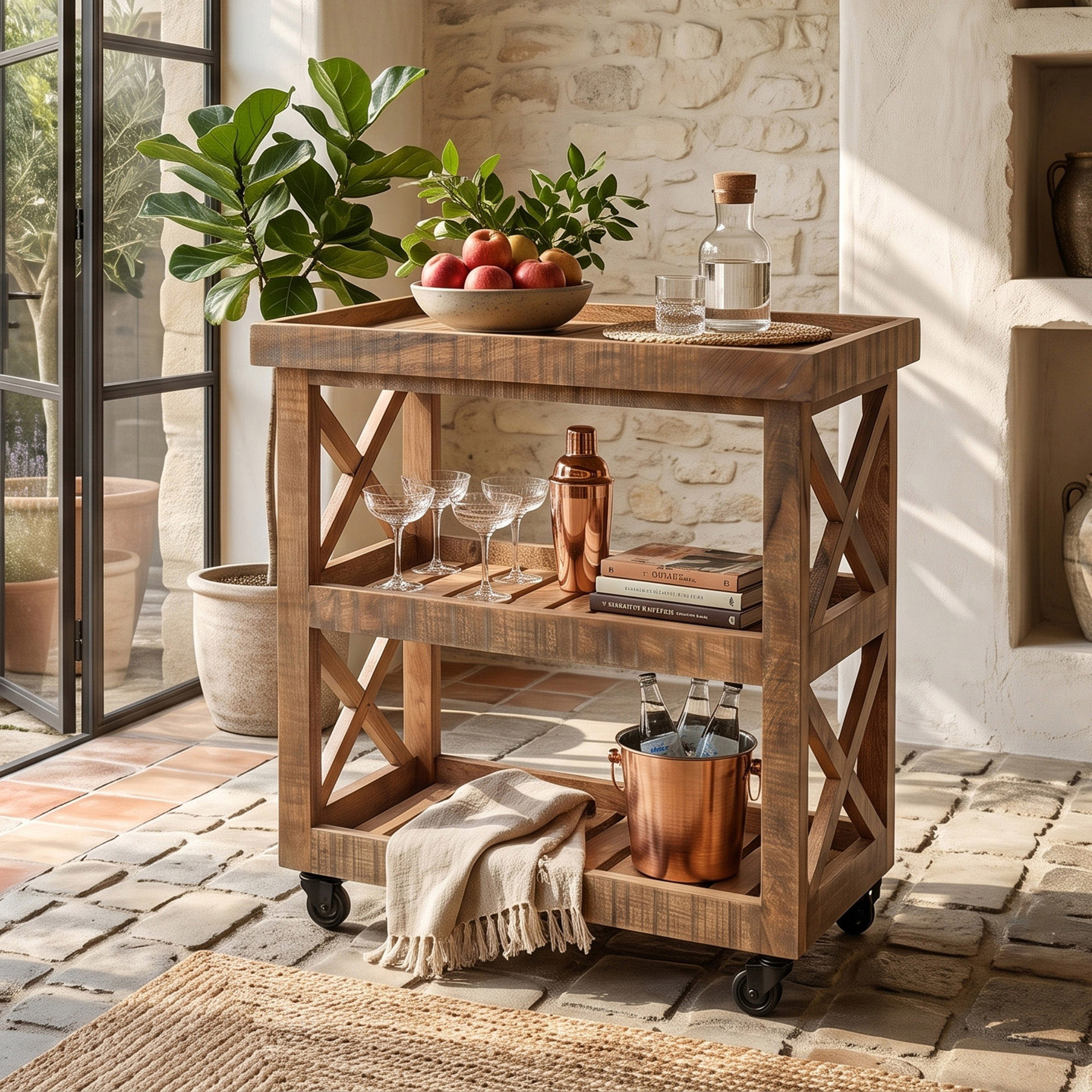 Rustic Rough Mango Wood 3-Tier Bar Cart with X-Frame Side Panels & Metal Caster Wheels