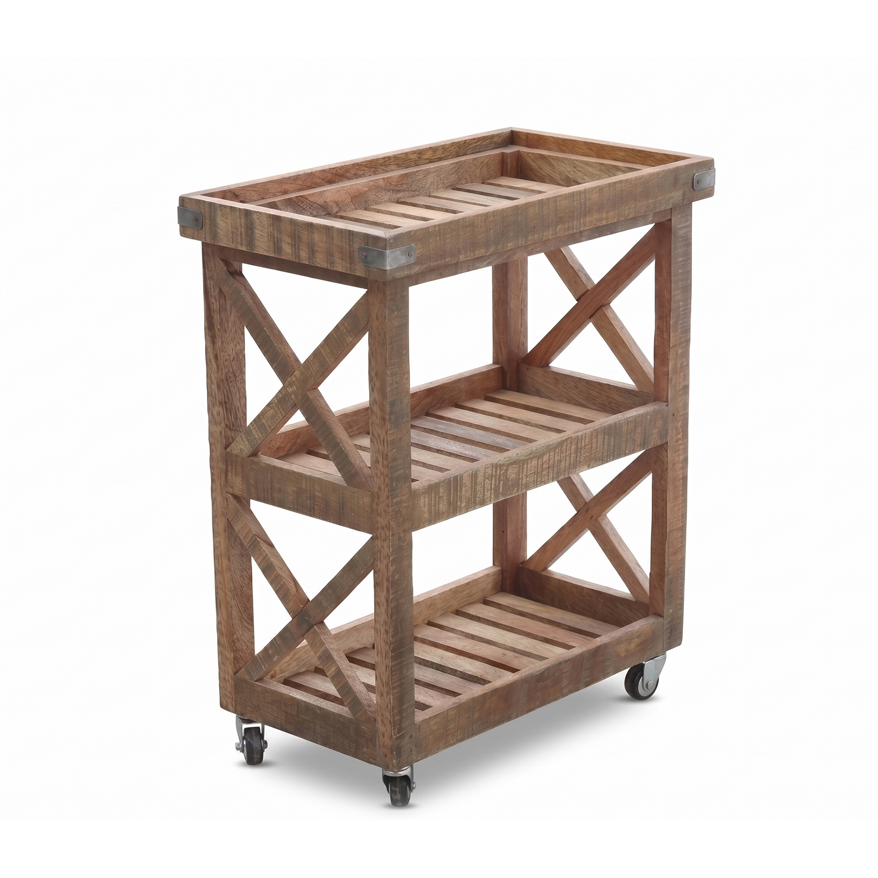 Rustic Rough Mango Wood 3-Tier Bar Cart with X-Frame Side Panels & Metal Caster Wheels view 2