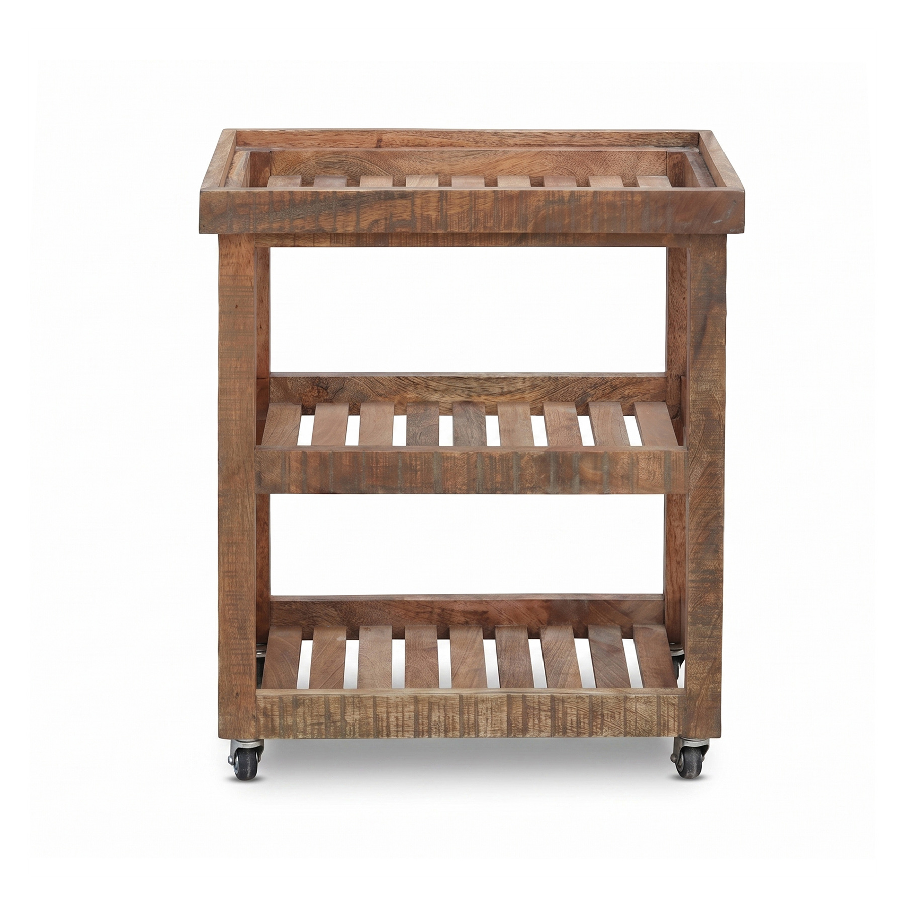 Rustic Rough Mango Wood 3-Tier Bar Cart with X-Frame Side Panels & Metal Caster Wheels view 3
