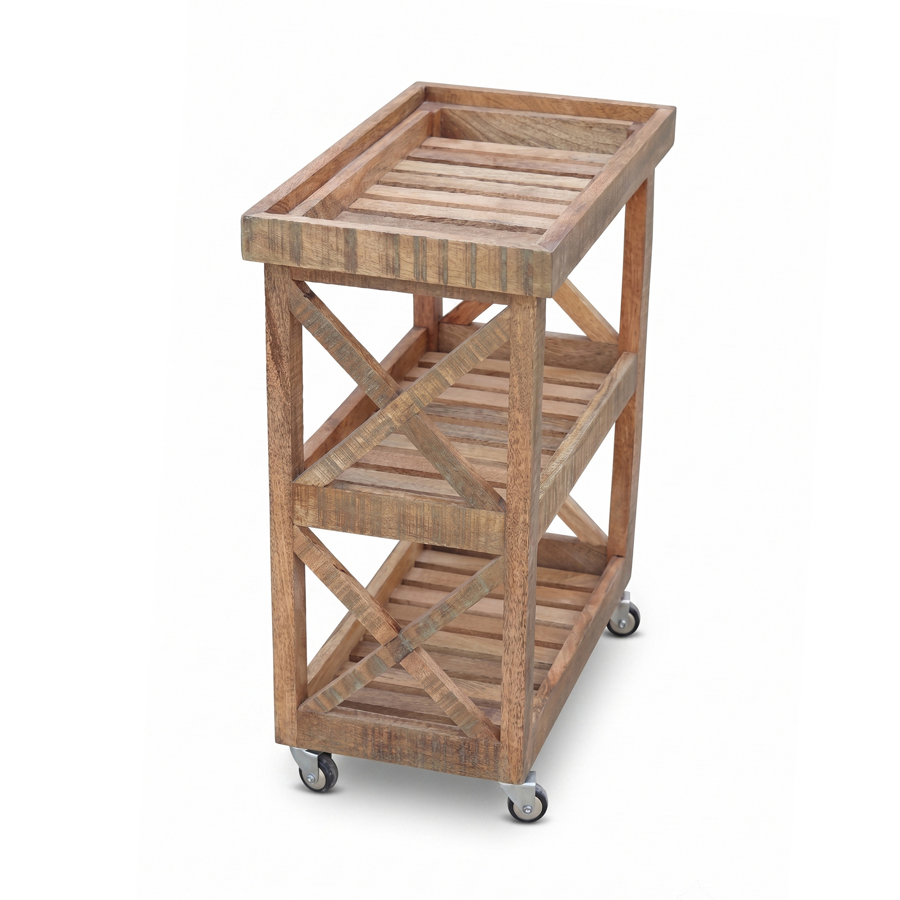 Rustic Rough Mango Wood 3-Tier Bar Cart with X-Frame Side Panels & Metal Caster Wheels view 4