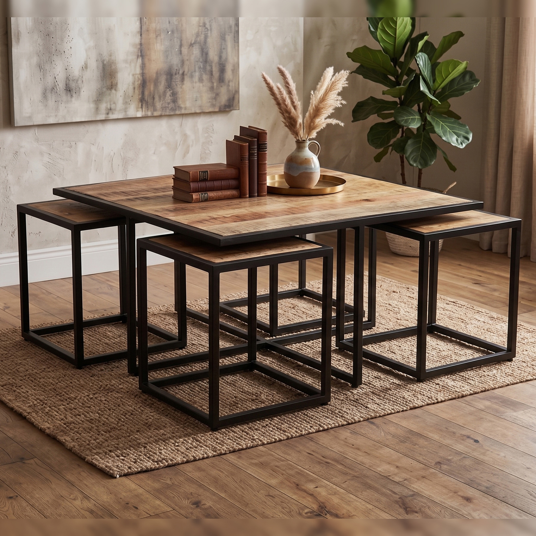 Solid Mango Wood Square Coffee Table Set with 4 Nesting Stools / Side Tables – Natural Rough Finish & Matte Black Iron Frame