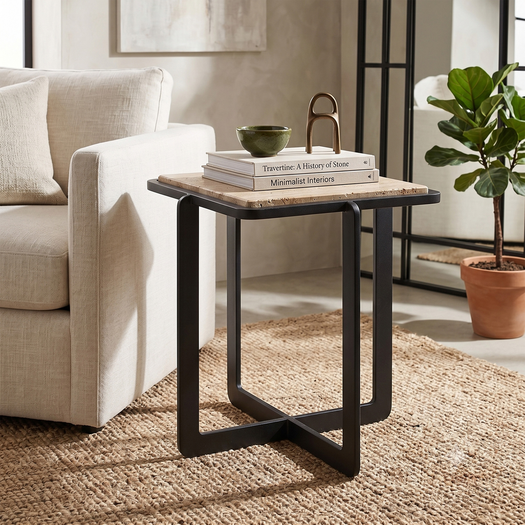Mateo Indian Travertine Stone End Table – Matte Black Iron Frame